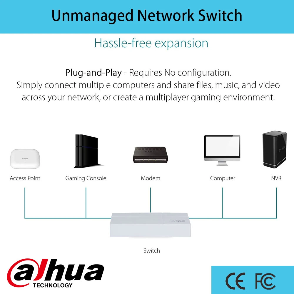 Dahua High-Quality Plug and Play 8 Port 100 Mbps Ethernet Unmanaged Network Switch for Home & Business