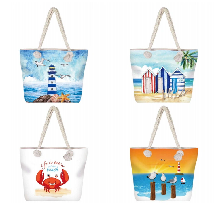 Custom Logo Women Large Beach Canvas Tote Bag with Zipper Pockets for Swim Pool Gym Hiking Picnic Travel