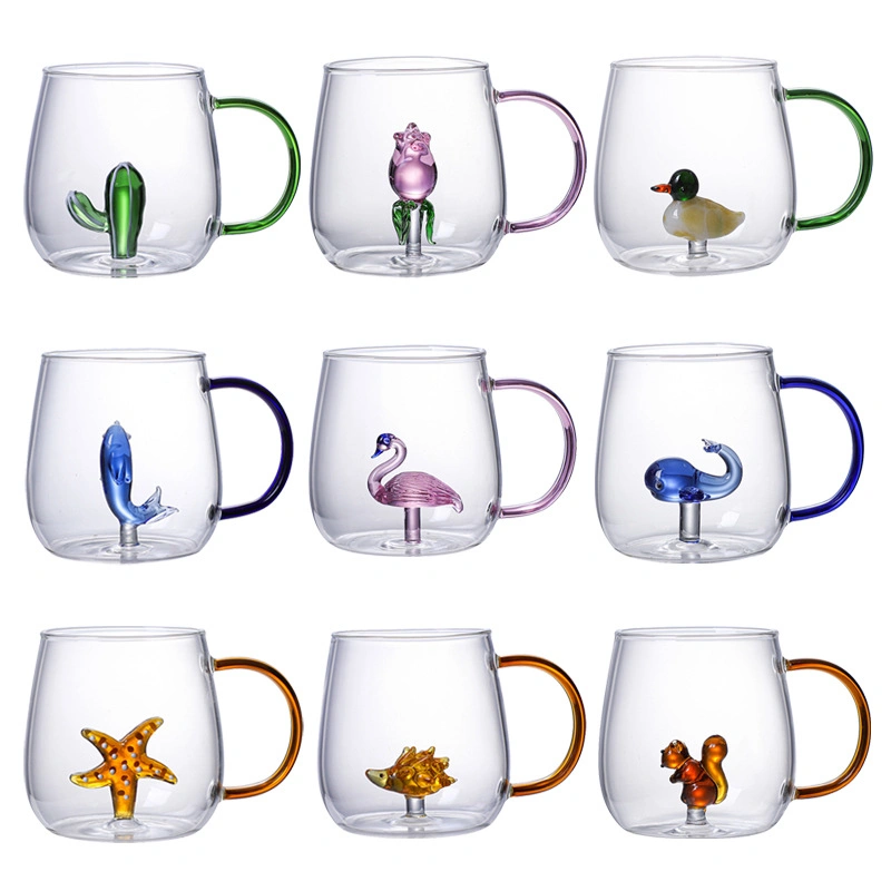 Handmade Borosilicate Glass Creative Mugs with Animal Plant Inside, Clear Glass Wish Cups Mugs with Colorful Glass Handle 400ml