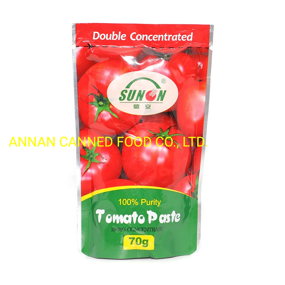 Concentré de tomate de marque Sunon avec 28-30% de concentration en sachet autoportant.