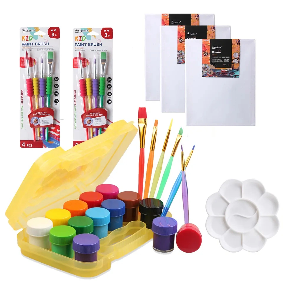 Kid Finger Paint Cotton Stretched Canvas Plastic Palette DIY Artist Painting Set