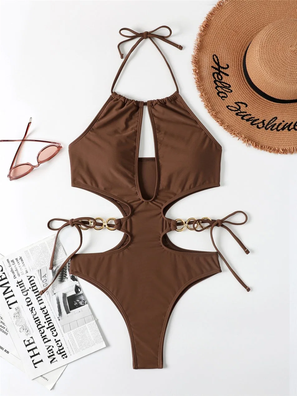 2022 Nova cor sólida Ring Split Swimsuit Biquíni de duas peças da Swimsuit Sexy cintura elevada Swimsuit