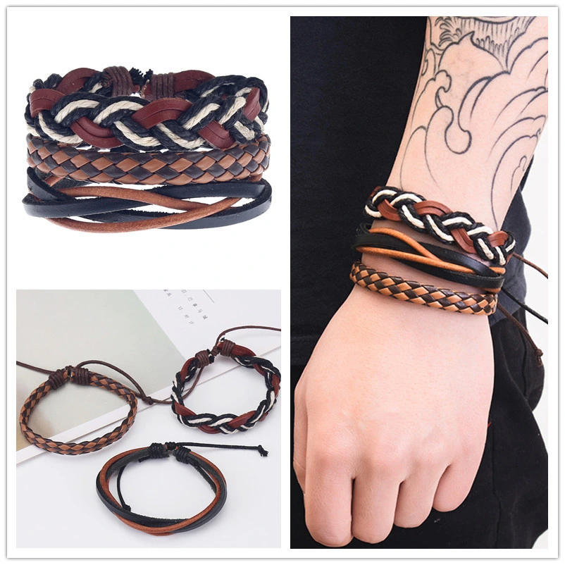 3 piezas Pulsera de Cuero para hombres y mujeres Punk Pulsera trenzada de roca vía Marrón Negro pulsera hecha a mano Joyería