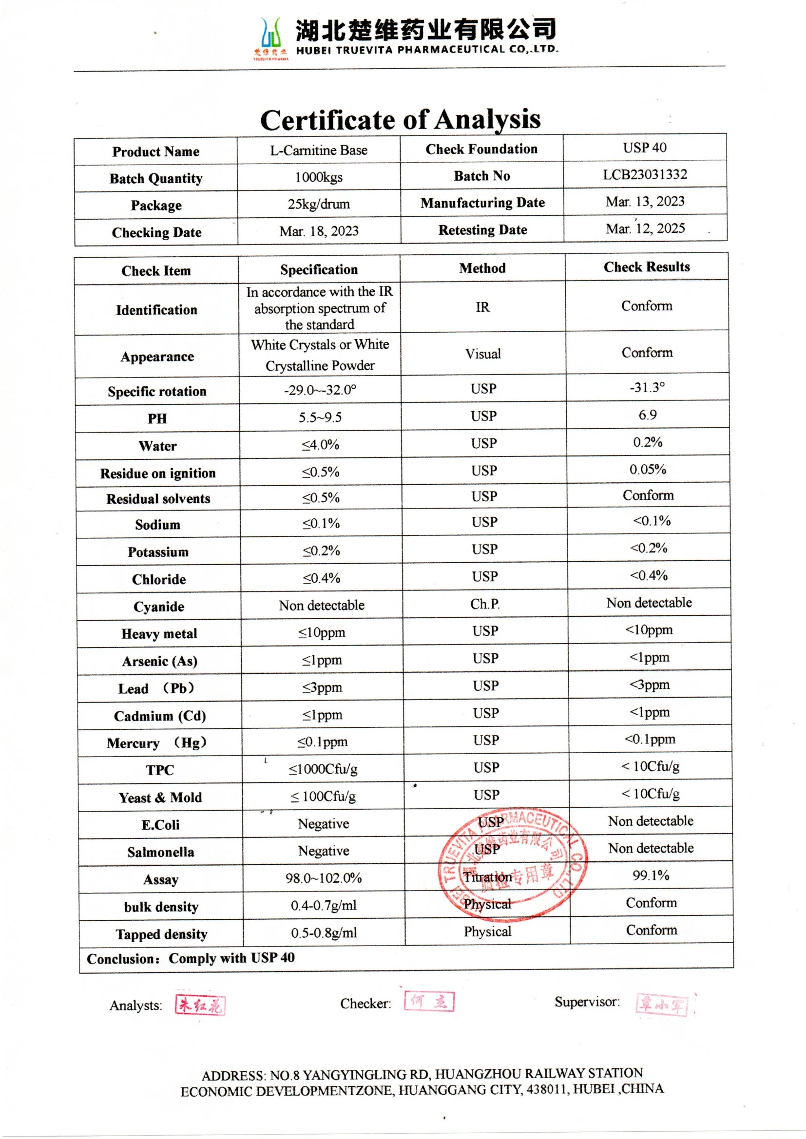 99% High Purity Huanggang Truevita Supply Gewichtsverlust Pulver 541-15-1 L Carnitin