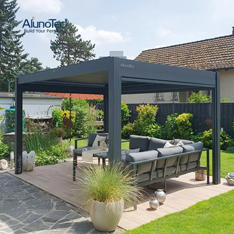 AlunoTec الفاخرة الحديثة Veranda Gazebo مربع الخشب الصلب علبة التغليف قابلة للضبط أثاث ألومنيوم بزوغ خارجي من الألومنيوم السفا