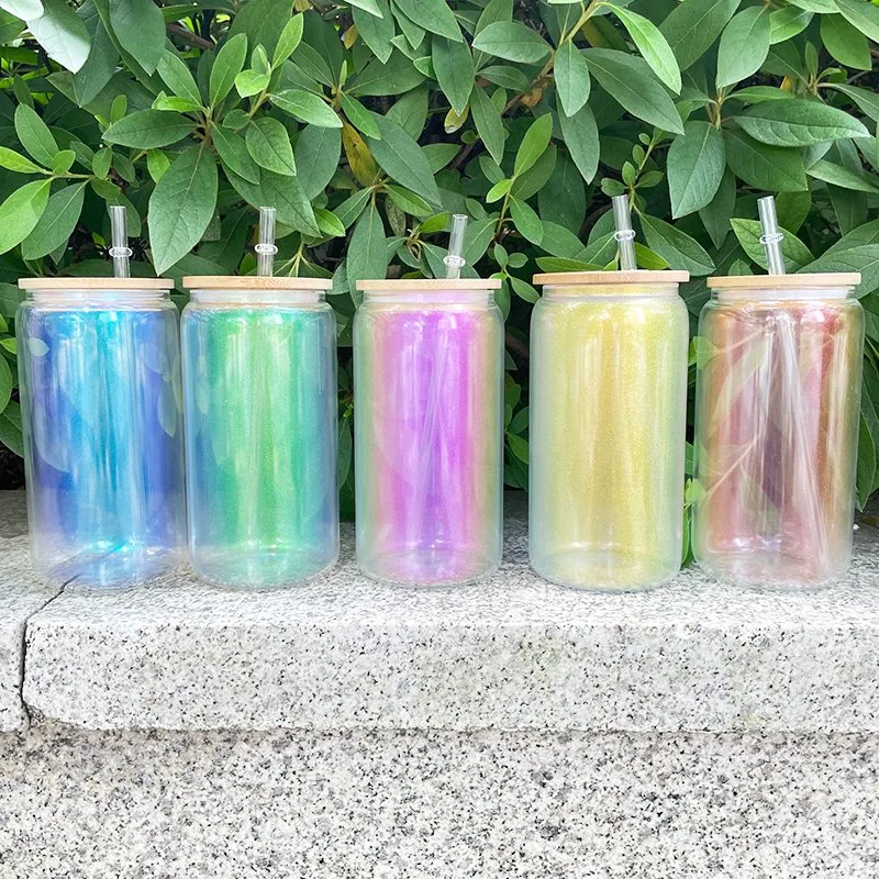 Sublimação de 20 ml adequada para vinil Rainbow Ombre Color glitter transparent Lata de vidro transparente para café com tampa de bambu e. Palha para impressão de bricolage