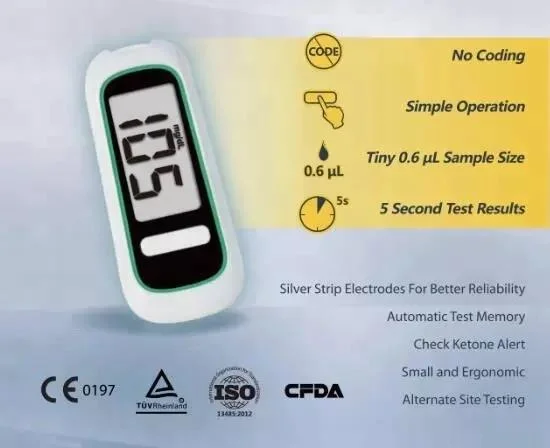 CE Approved Home Use Free Code Digital Diabetic Blood Glucose Meter & Test Strip with Ketone Function