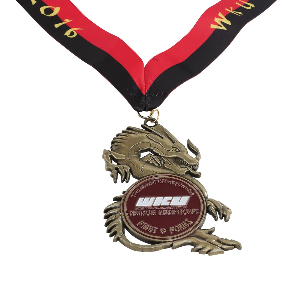 China OEM Factory Custom Made Antique Brass Plated Metal Alloy Craft Medal Manufacturer Customized Award Insignia Bespoke Wholesale Dragon Souvenir Medallion