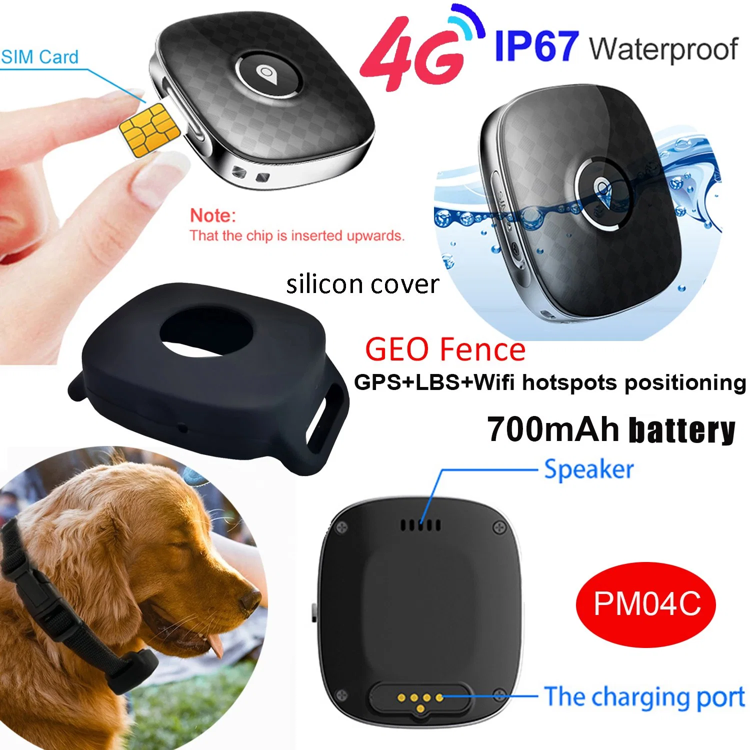 Hot 4G LTE IP67 Waterproof Anti Lost Real Google Map Mini Wireless GPS Tracker Device for Pets Cats with Voice Monitoring PM04C