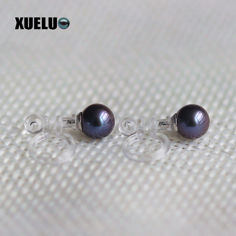 AAA cultivées naturelles ronde parfaite d'eau douce collier de perles noires boucles pour aucun trou de l'oreille