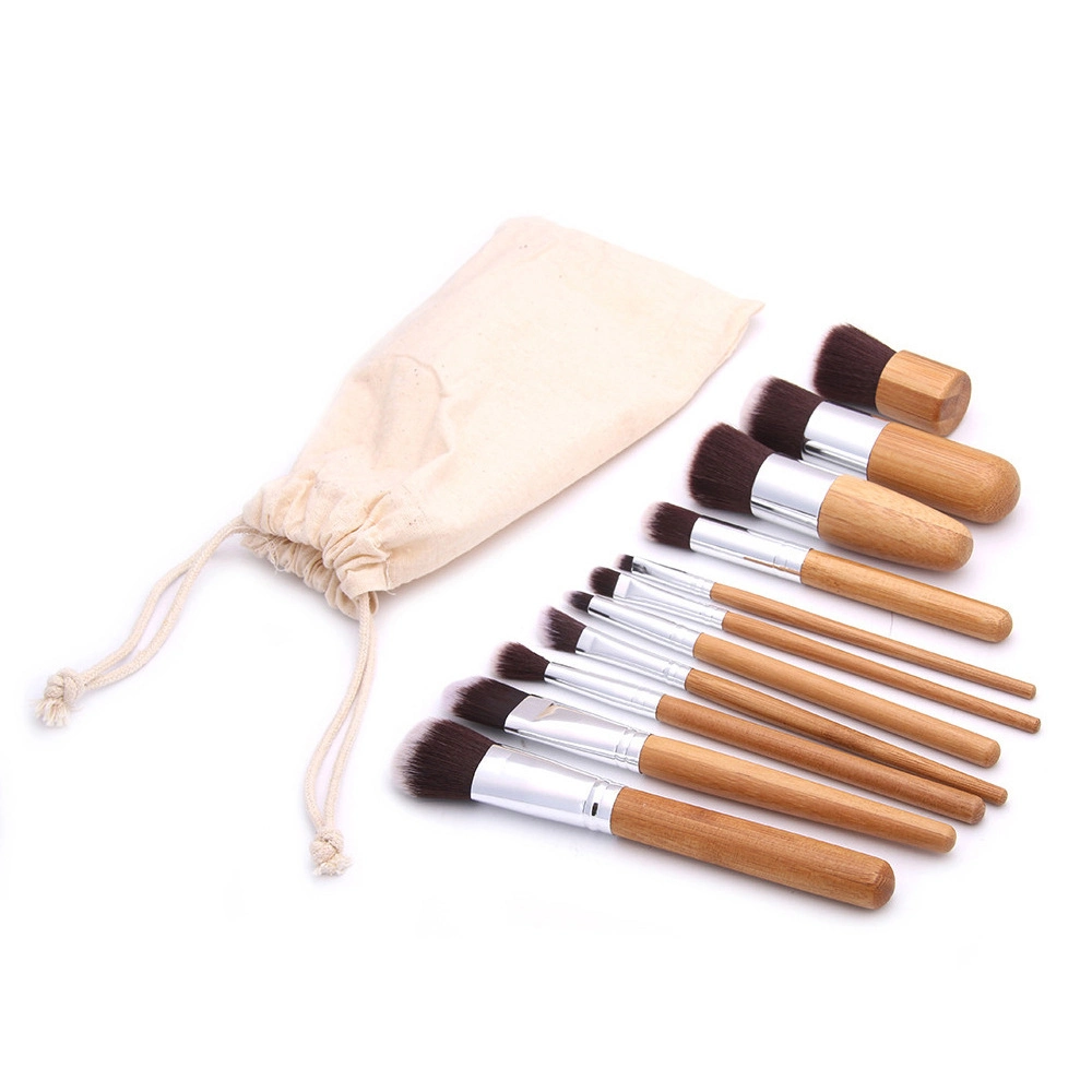 11 Pieces of Bamboo Handle Environmental Protection Linen Bag Cosmetic Brush