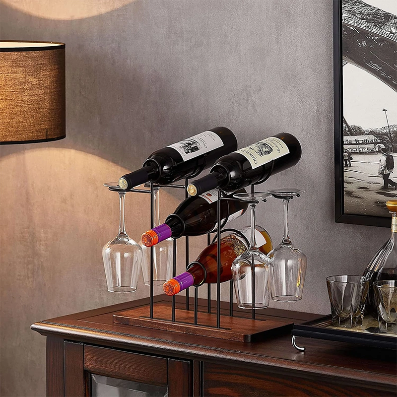 Mesa de madera encimera Botella de Vino Base metálica para rack de la pantalla de cristal de vino de soporte con 6 botella de vino de los titulares 4portagafas