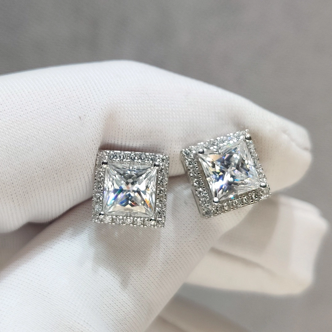 Silver 925 Original Total 2-4 Carat Princess Cut Diamond Test Past D Color Square Stud Earrings Real Gemstone Jewelry