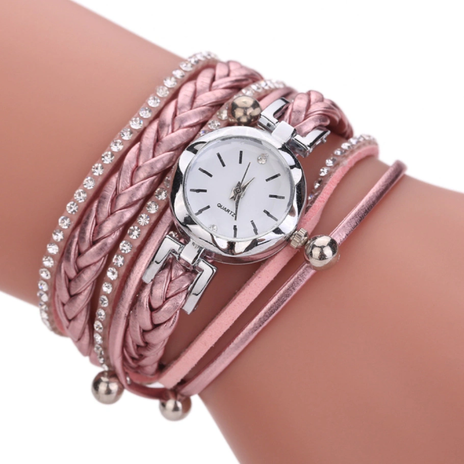 Pulsera de pulsera de varias correas Reloj analógico de cuarzo muñeca Relojes Diamond Lined trenzado de cuero Correa Moda Relojes Esg13633