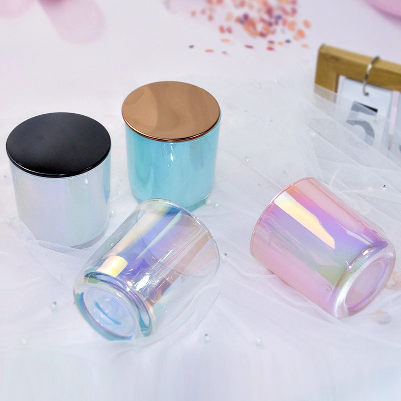 Holographic Candle Jar Rainbow Color Glass Candle Holder with Gold Silver Metal Lid