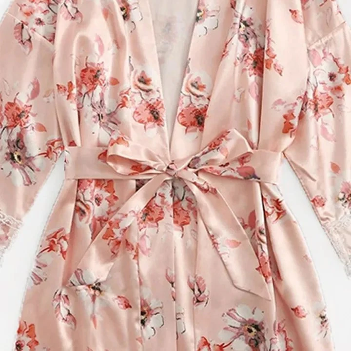 Vestido de Encaje Floral rosa arriba y abajo de 3 piezas conjuntos pijamas Sexy dormir dormir cómodo Camisón Manga Albornoz camisón de desgaste