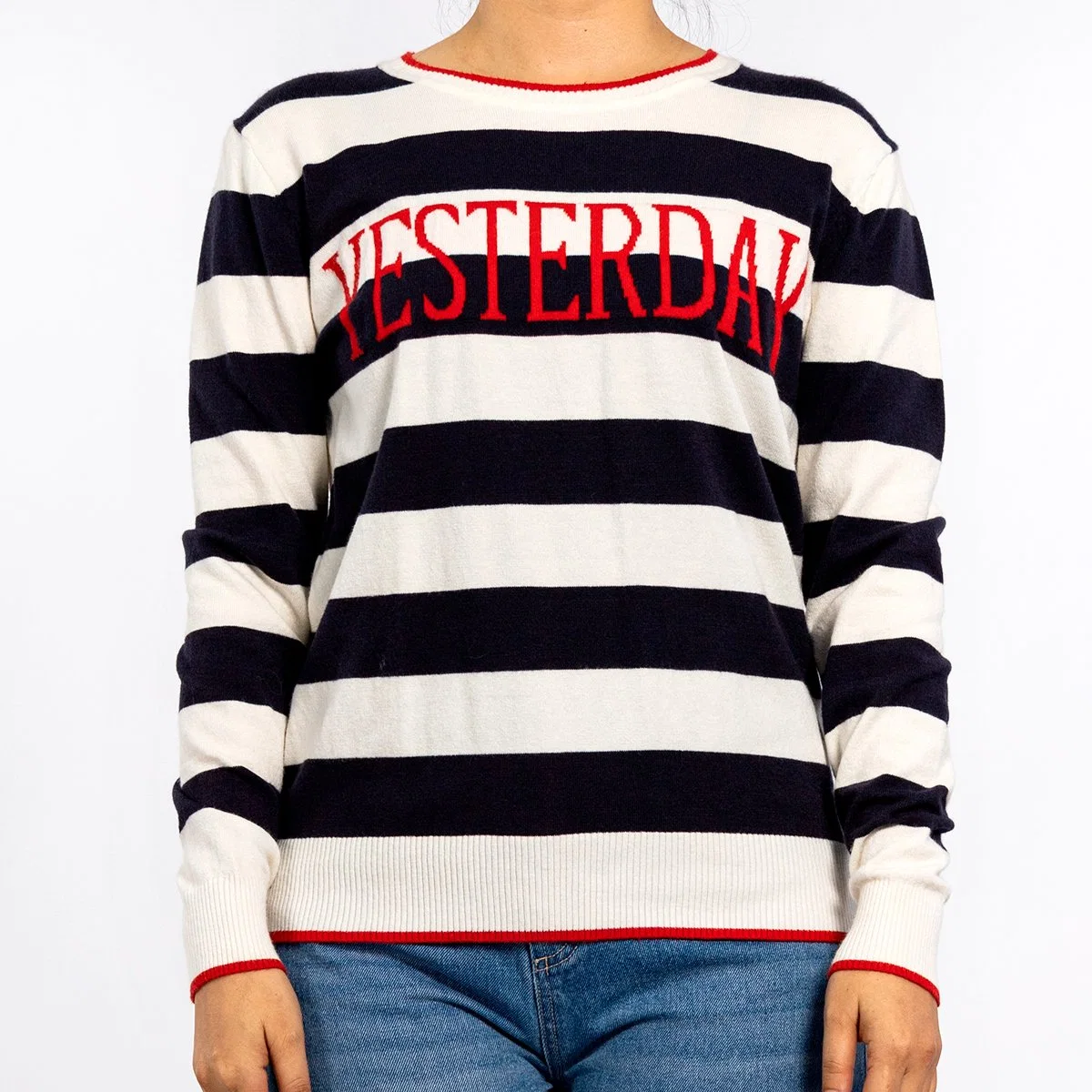 Women's Round Neck Embroidered Letters Logo Long Sleeve Pullover Knit Top Striped Sweater