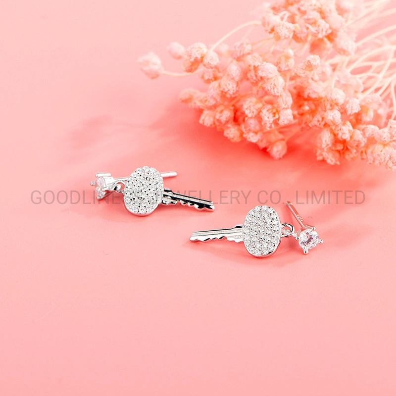 New S925 Sterling Silver Key Full Diamond Earrings