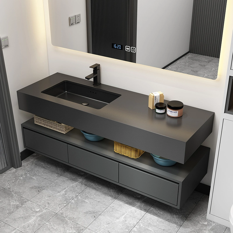 Moderno y espacioso cuarto de baño de madera de tamaño de la piedra de sinterizado encimera de la vanidad de espejo LED combinado Muebles de baño de lujo