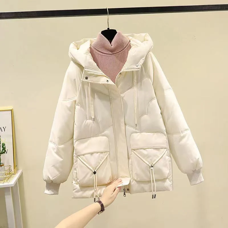 New Shiny Down Cotton Jacket Women's MID-Length Loose Thick Cotton Garment