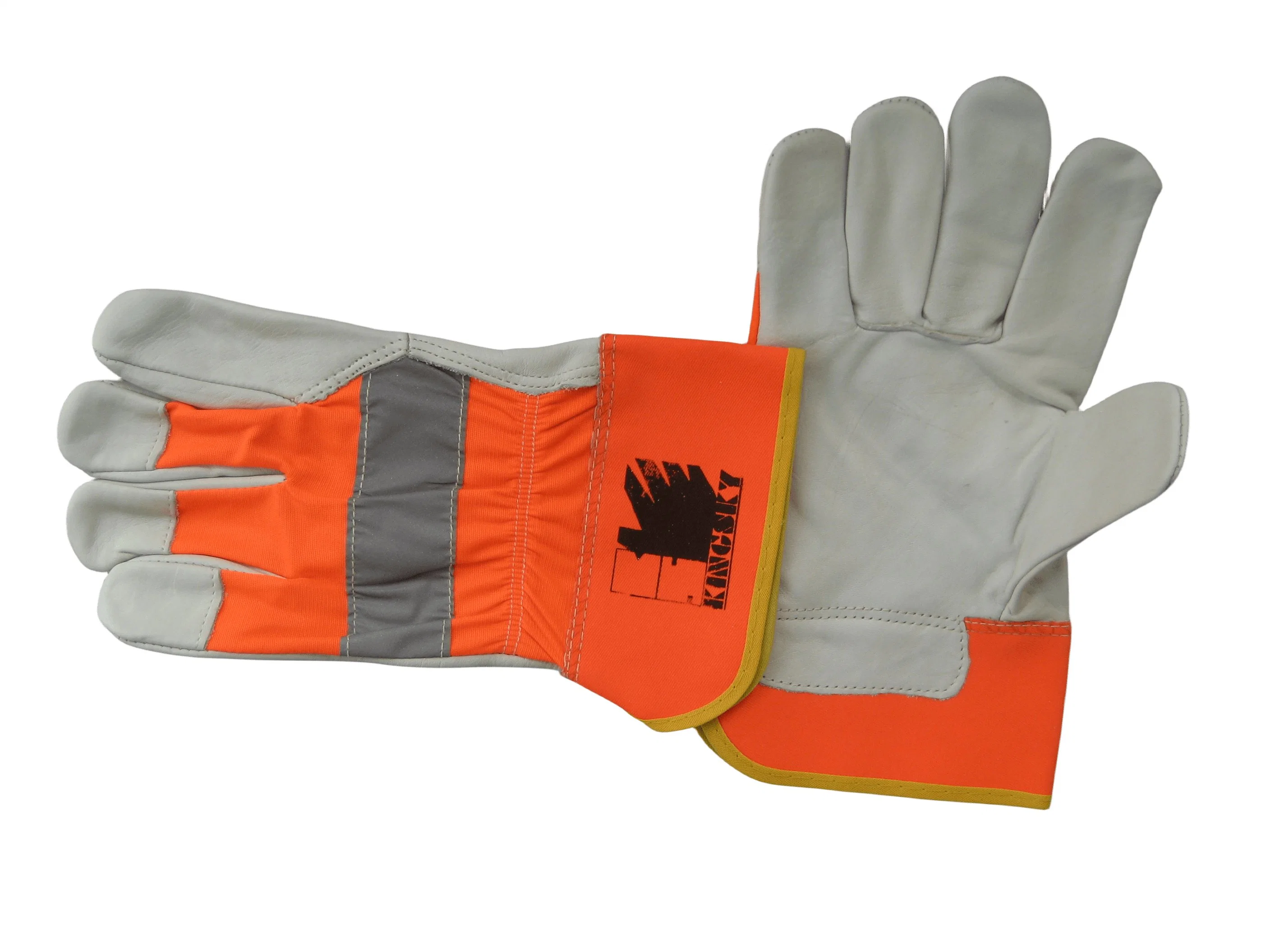 Hi-Vis Cow Grain Leather Full Palm Orange Color Fabric Back Work Glove