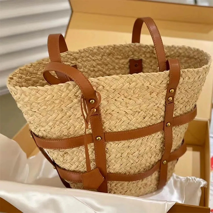 Bolsa de tejido de verano en la playa de remache bolsas Tote niñas Shoppper Patchwork de tejer el diseñador de alta capacidad de la bolsa de hombro