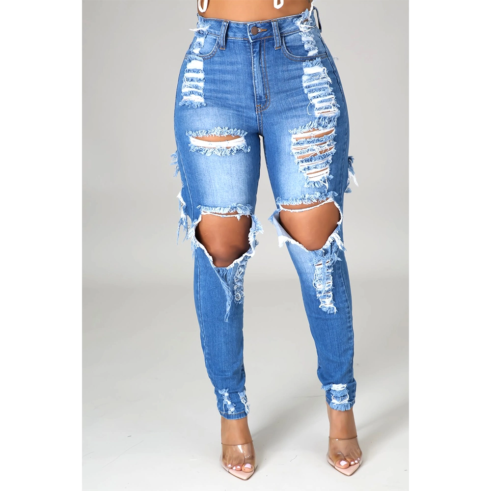 La moda de la mujer vaqueros Skinny Azul Ripped Jeans Pantalones Mujer Mayorista de 2022.