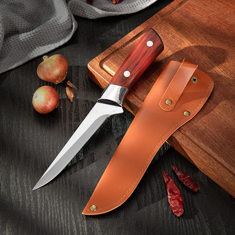 Sharp Butcher Stainless Steel Boning Knife with Plastic Wood Grain Handle and Leather Holster