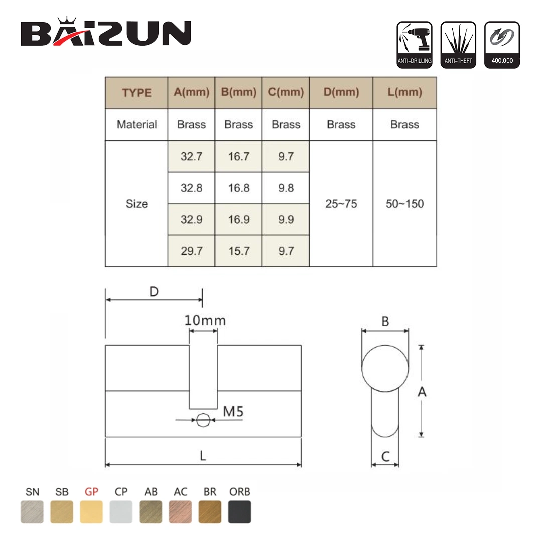 Cylindre de verrouillage de porte/fenêtre en laiton CNC simple ouvert de 40 à 160 mm avec bouton personnalisé.