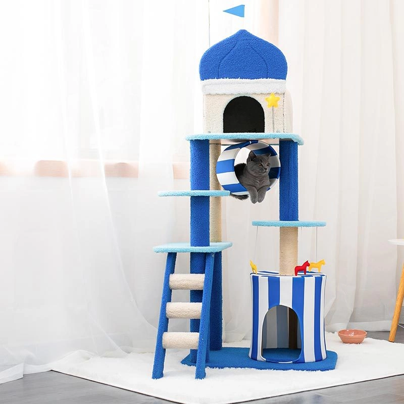 Aegean Park Series Blue Large Cat Trees Scratching Tower Board Toys Jumping Platform Pet Play House