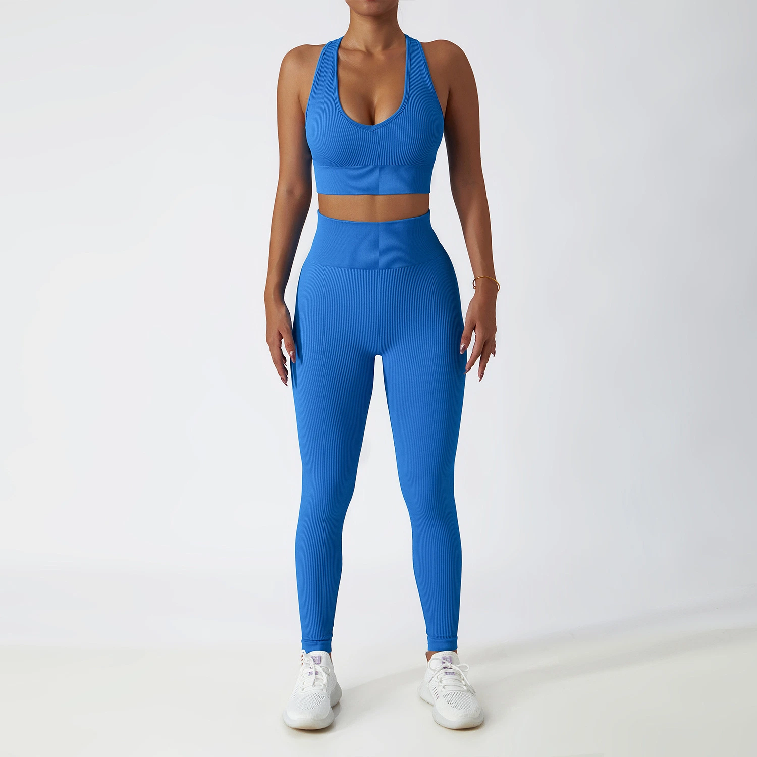 Damen Sportswear 3PC Set Loose Crop T-Shirt Yoga BH und Bike Short Legging Umweltfreundlich Stoff Atmungsaktive Trainingsbekleidung