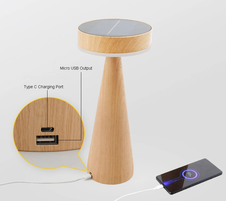 J622 lámpara de escritorio portátil sin cable de grano de madera recargable para exteriores impermeable Energía solar