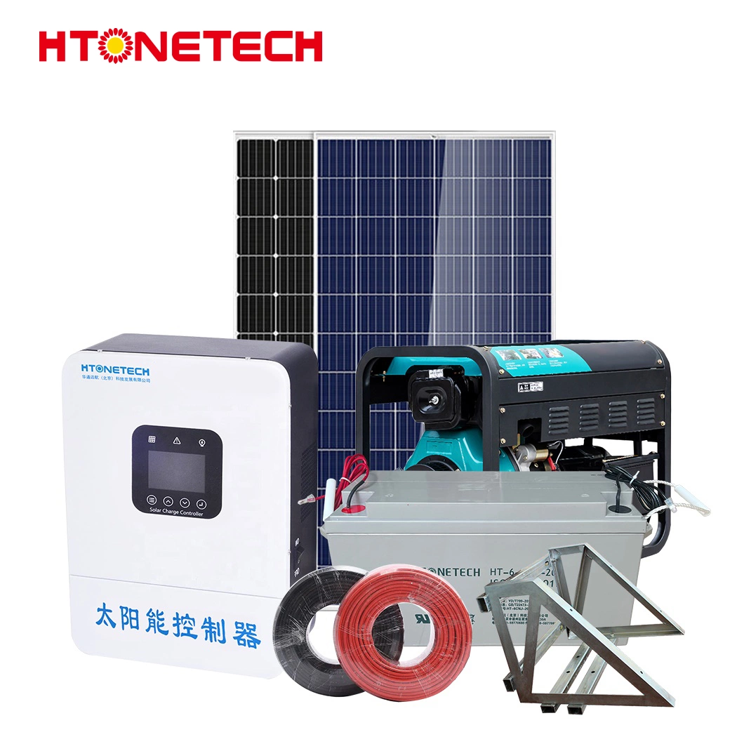 Htonetech 10FT نظام الطاقة الشمسية للحاويات خارج صناعة الشبكات الصين 38kw مولد الديزل التوربيني بالوجه ثنائي الوجه بقوة 600 واط ذو اللوحة الشمسية بقدرة 3 كيلوواط النظام