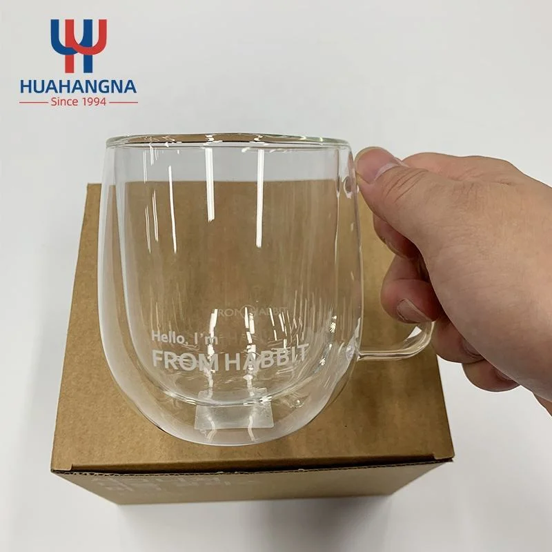 Huahangna Free Sample Custom Logo 250ml Insulated Double Wall Latte Tea Cups Mugs with Handle 8oz Clear Glass Coffee Cup