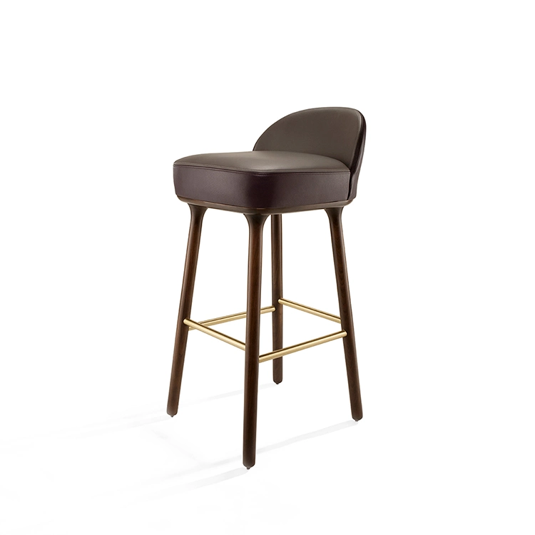 Nordic Design Wood Bar Chair Vintage Leather Bar Stools for Cafe