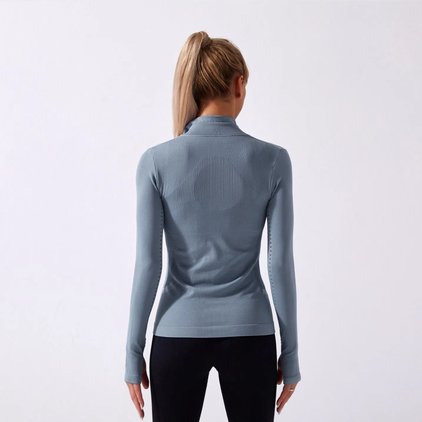 Women Seamless Stretchy Long Sleeve Sportswear Fitness Yoga Running Zipper Jacket with Thumb Hole