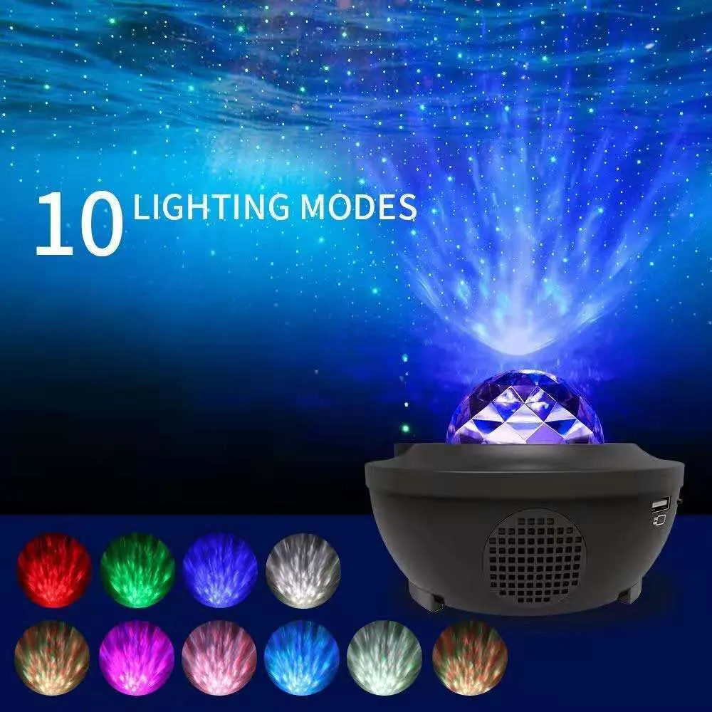 Projecteur d'étoiles laser Bluetooth avec lumière nocturne et différentes couleurs.