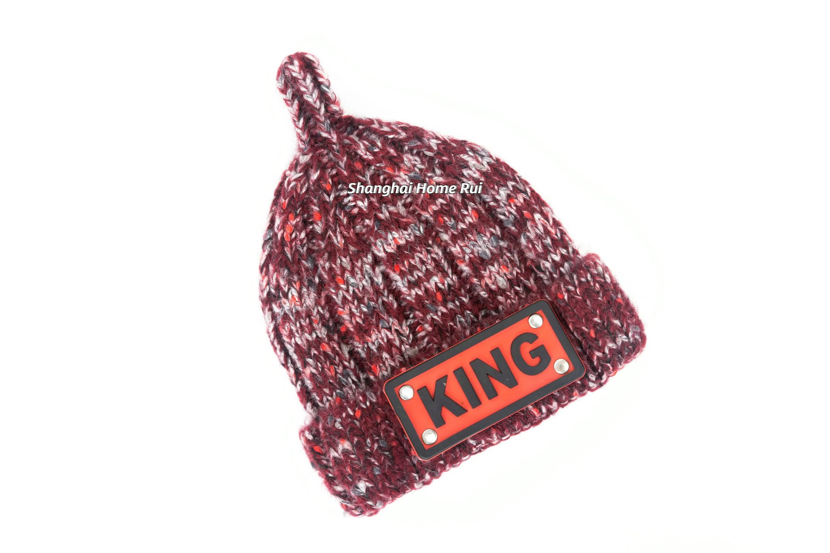 Kids Boy Children Warm Soft Slouchy Wine Fold Edge Rubber Logo Metal Badge Deco Knitted Thick Rib Bonnet Casual Hat Beanie