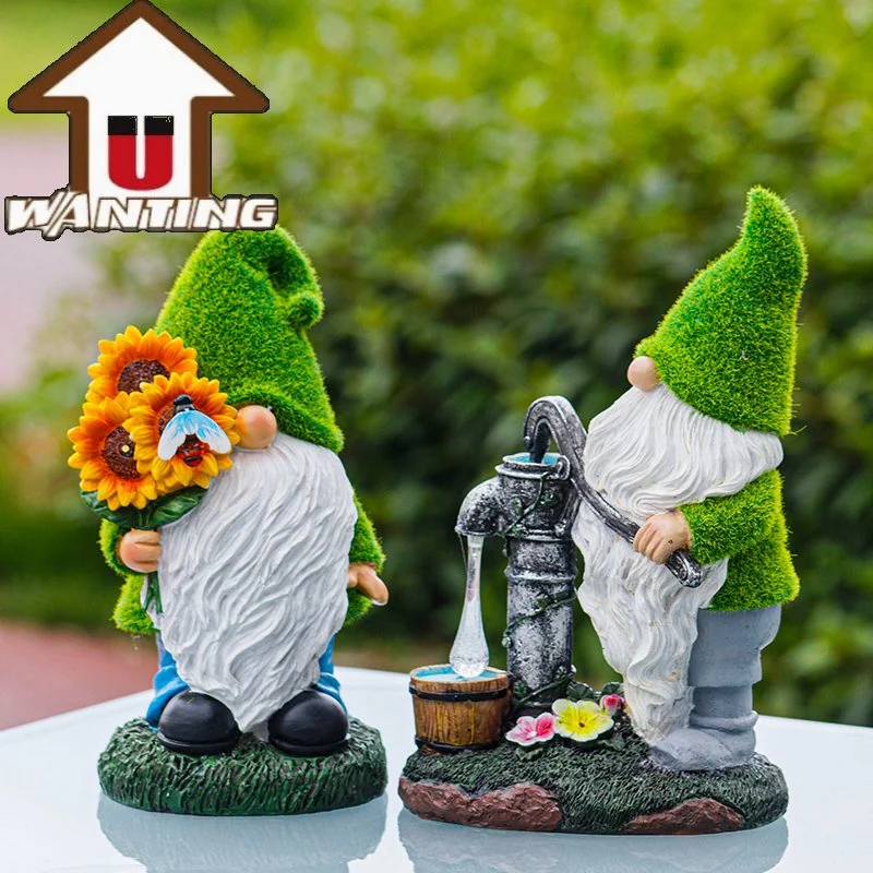 Harz Fairy Garden Kunstrasen Gnome Pressing Wasser Hausdekoration Solarlicht