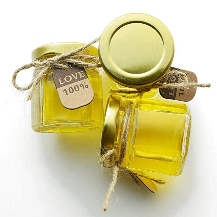 Haute qualité 1,5 oz 45 ml Bocaux en verre hexagonaux miniatures avec couvercle doré pour cadeaux, souvenirs de mariage, miel et confitures.