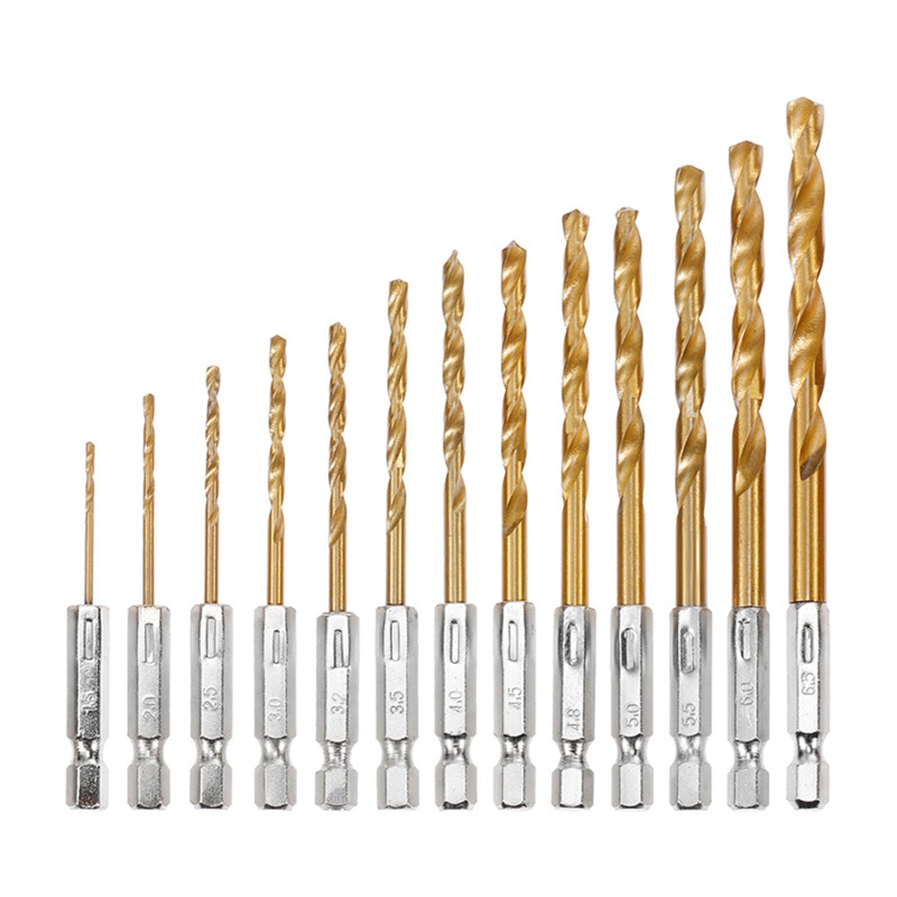 13PCS HSS Titanium-Plated Twist Drill Bits Set 1.5-6.5mm Hexagonal Shank Drill Bits