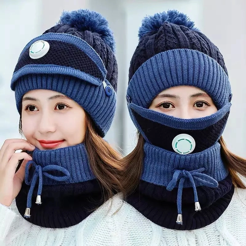 Warm Fleece Knit Wintermütze Schal Gesicht Maske Set Mädchen Ohrenschützer-Cap mit POM POM Custom Design Strickmütze Für Frauen