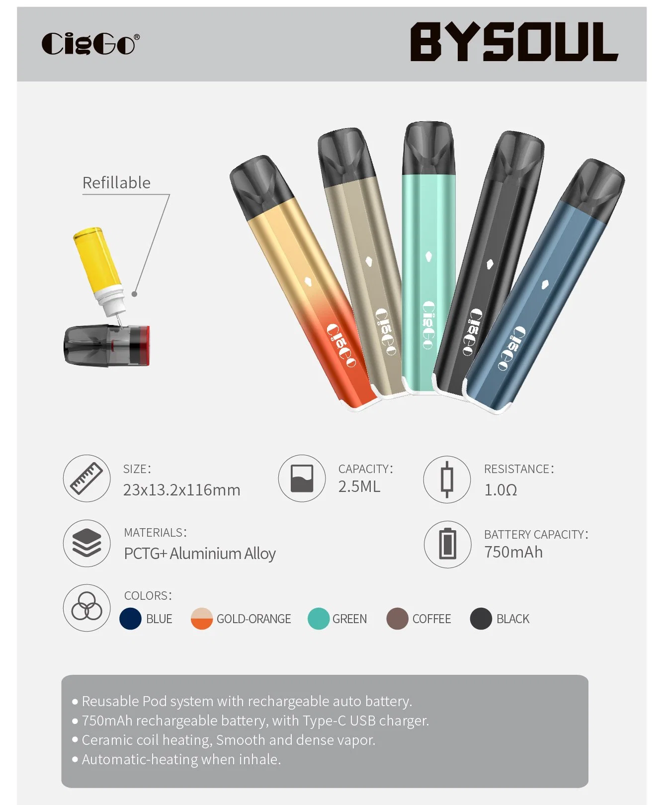Ciggo Bysoul Electronic Cigarette Empty Pods Refillable 750mAh 2.5ml Vape Pen Kit