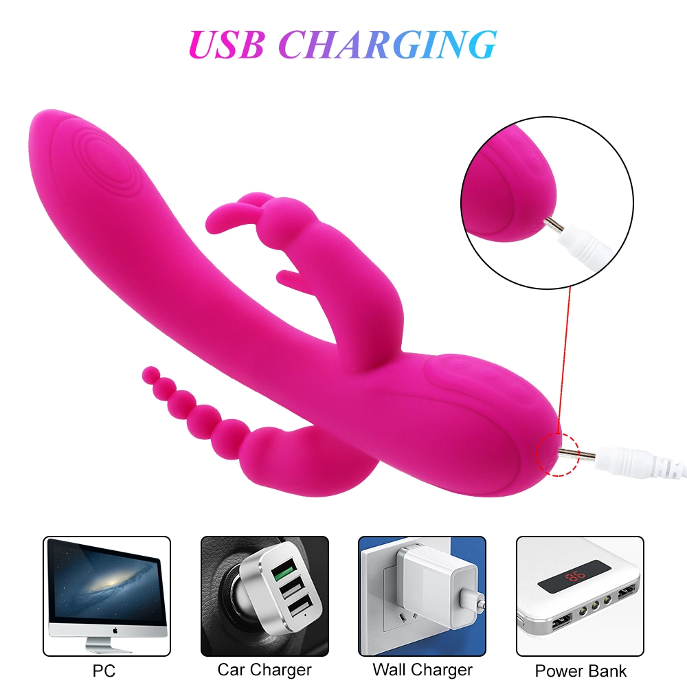 Powerful Silicone Anal Vaginal Clit Stimulator Massager 3 in 1 Rechargeable Sex Toy Dildo Rabbit Vibrator