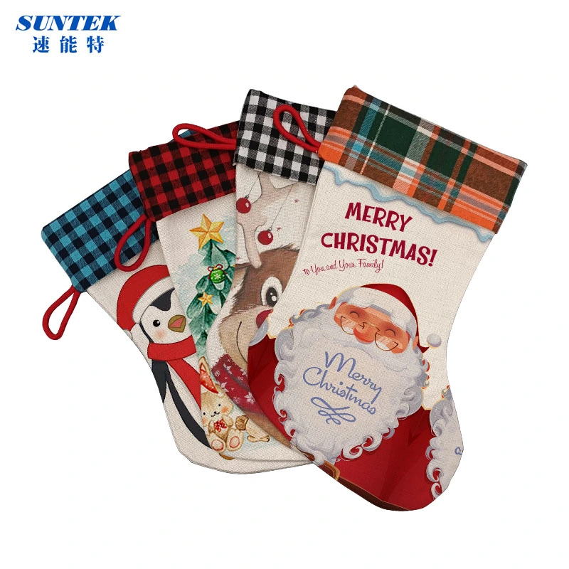 Hot Sale Navidad estocado Colgante Plaid Cuff Sock impresión digital Ropa de cama de Navidad calcetín