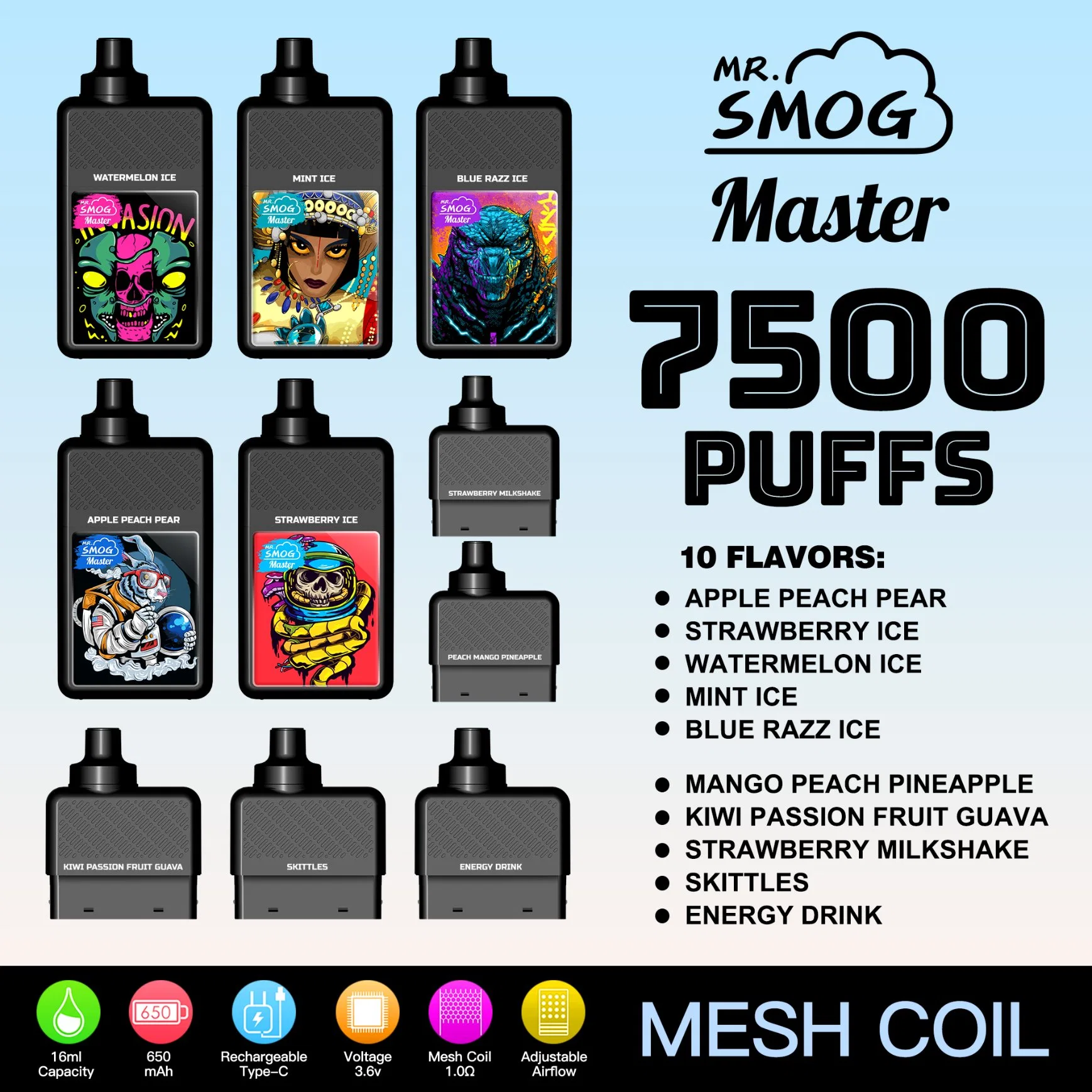 Mesh Coil Fruits Flavors Disposable/Chargeable Prefilled Pod Starter Kit Mr Smog Master 7500 6000 5000 Puffs Wholesale/Supplier Disposable/Chargeable Vape Pen Refillable Vaporizer Replace Pod