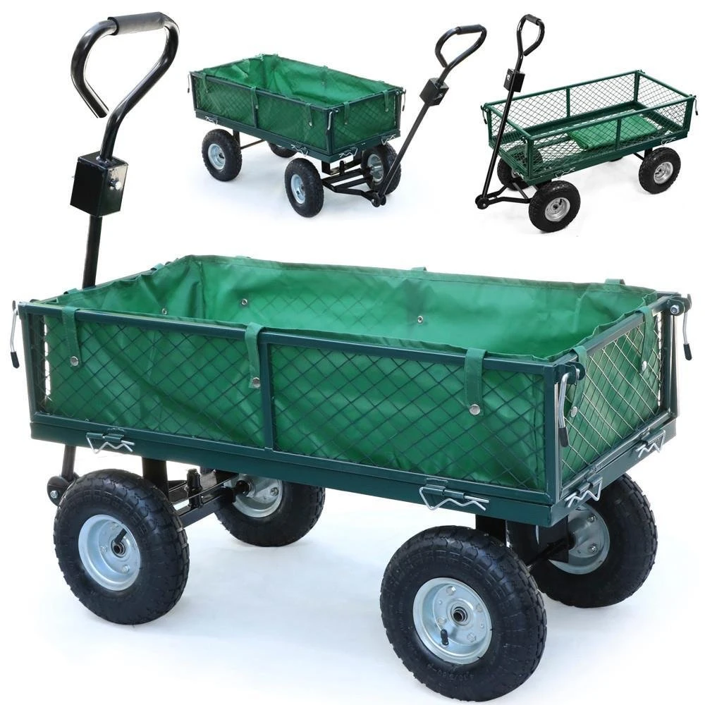 4 Wheeled Garden Utility Steel Metal Hand Truck Cart Trolley with Pneumatic Tire