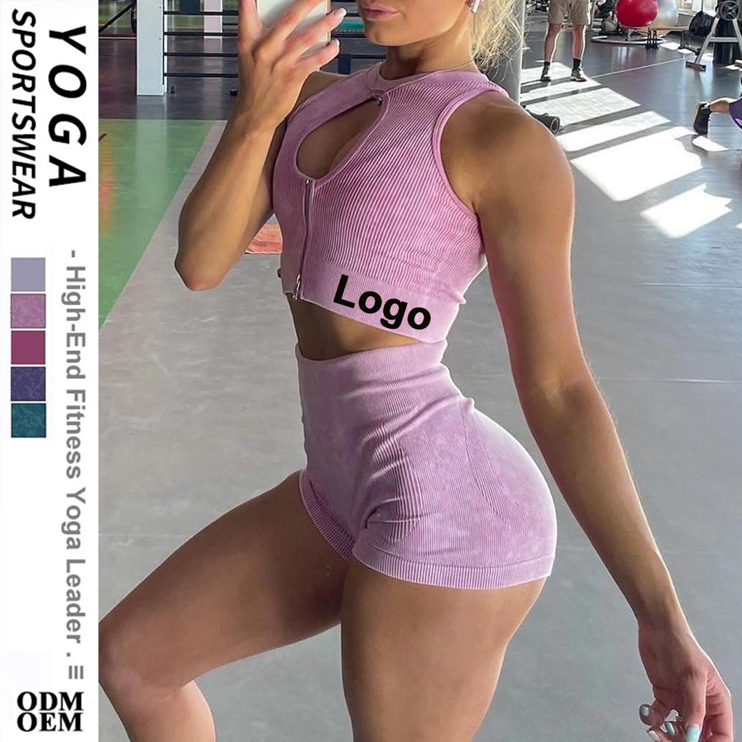 Wholesale Custom Seamless Yoga Set Women 2 Piece Outfits Gym Suits Sports Zipper Bra Clothes Workout Shorts Tracksuit Fitness Sports Wear Athletic