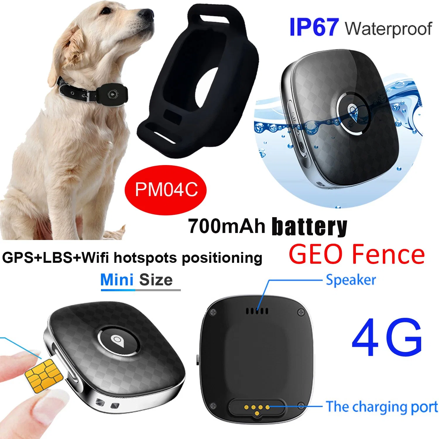 2023 Latest 4G LTE Dog GPS Collar Portable Mini Tracker System GPS Lbs WiFi Location Geo-Fence with Accurate Locator PM04C