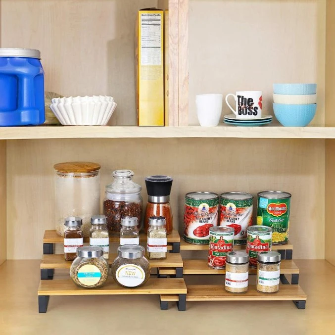 Cabinet Countertop Organizer 3 Tier Bamboo Expandable Step Display Shelf Spice Rack